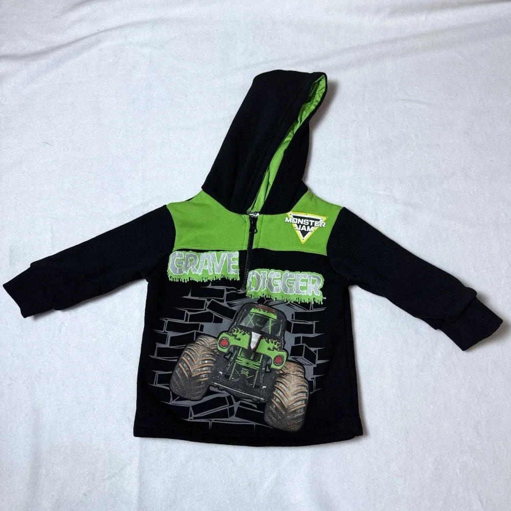Monster Jam Grave Digger Boys 2T 1/2 Zip Sweatshirt‎ Green Black Hooded Truck